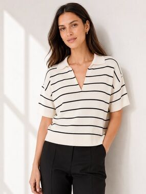 Max Studio London Collar Knit Top Ivory Black Stripe  Short Sleeve Size Large